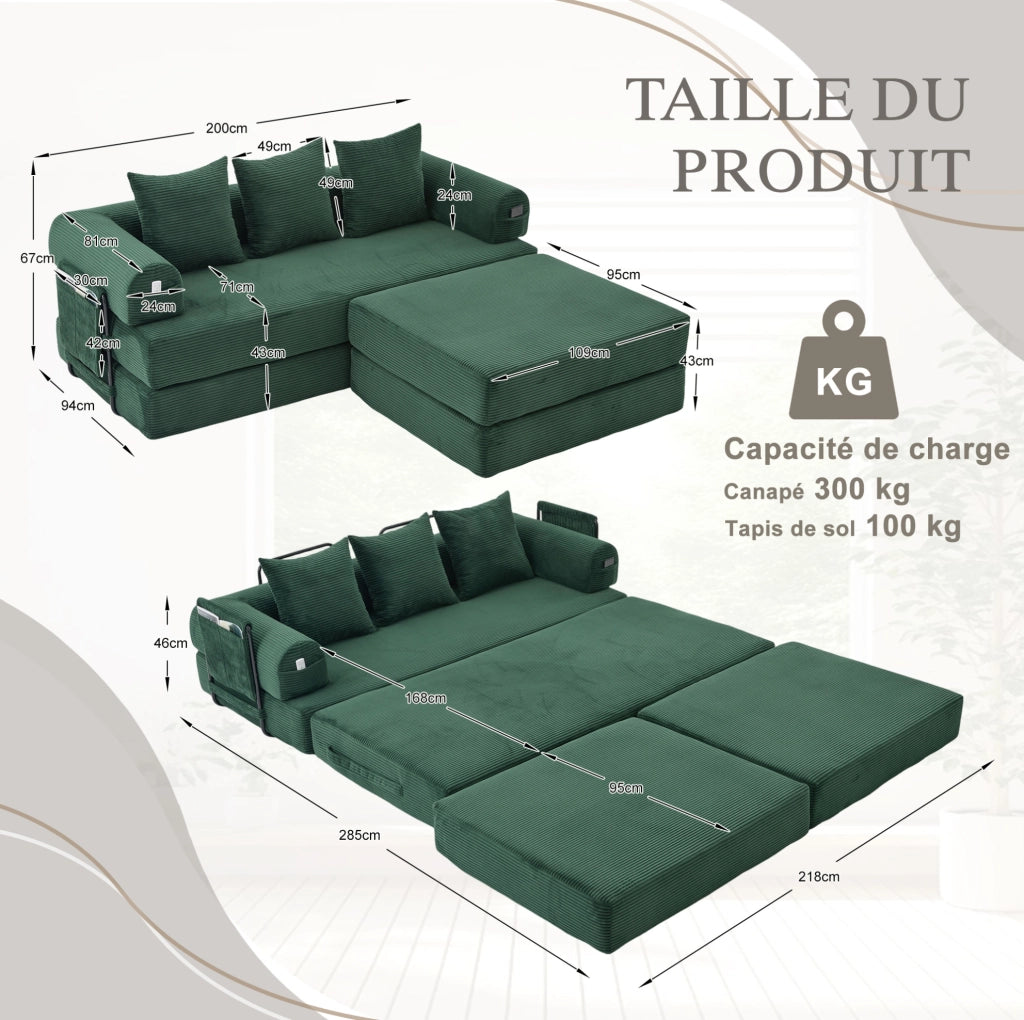 Divano modulare in corduroy con pouf; 200x190x67 cm; verde smeraldo