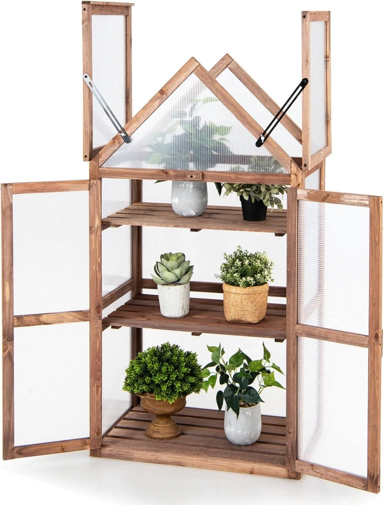 Mini Serra da Giardino in Legno a 3 Livelli, Serra da Giardino con Coperchio Apribile, Ripiani Rimovibili, Serra a Forma di Casetta da Interno ed Esterno, 71 x 41 x 133 cm
