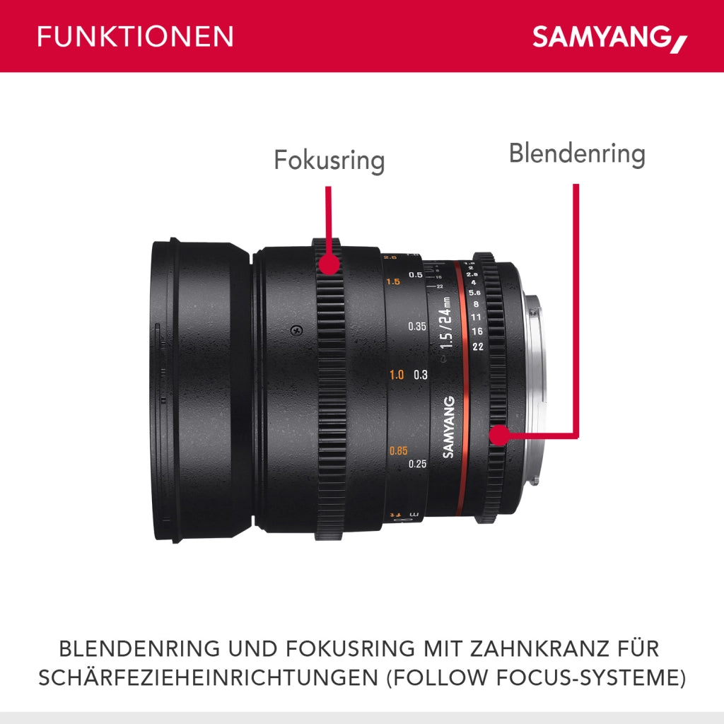 SAMYANG Obiettivo Video DSLR II Sony E 24 mm / T1.5 Obiettivo video a fuoco manuale 0.8 Gear, grandangolo, nero