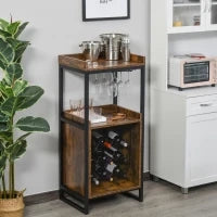 Mobile Portabottiglie Stile Industriale con Cantinetta Vini per 9 Bottiglie e Portacalici, Marrone
