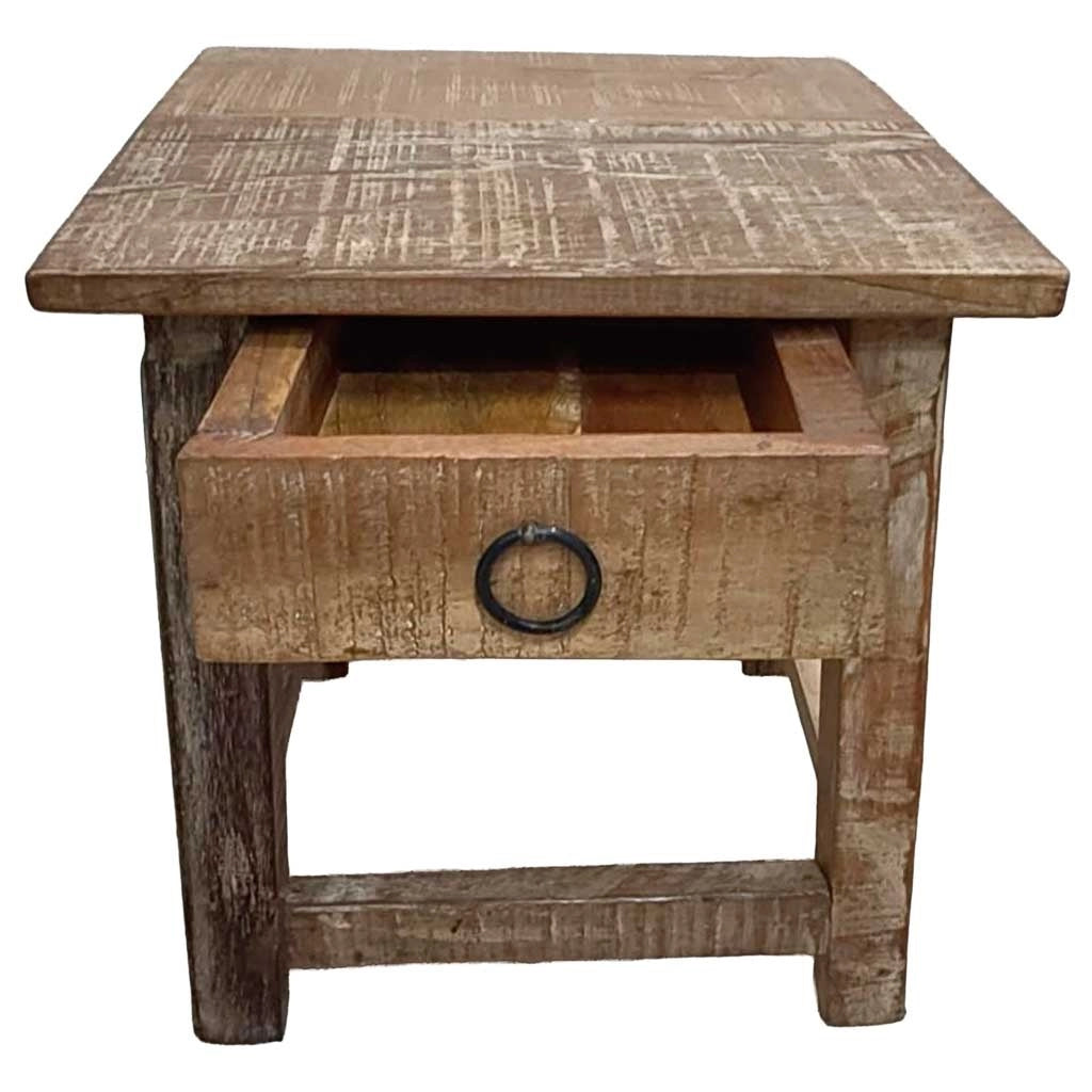 Sgabello con cassetto in legno con finitura artigianale marrone 25x25x29 h cm