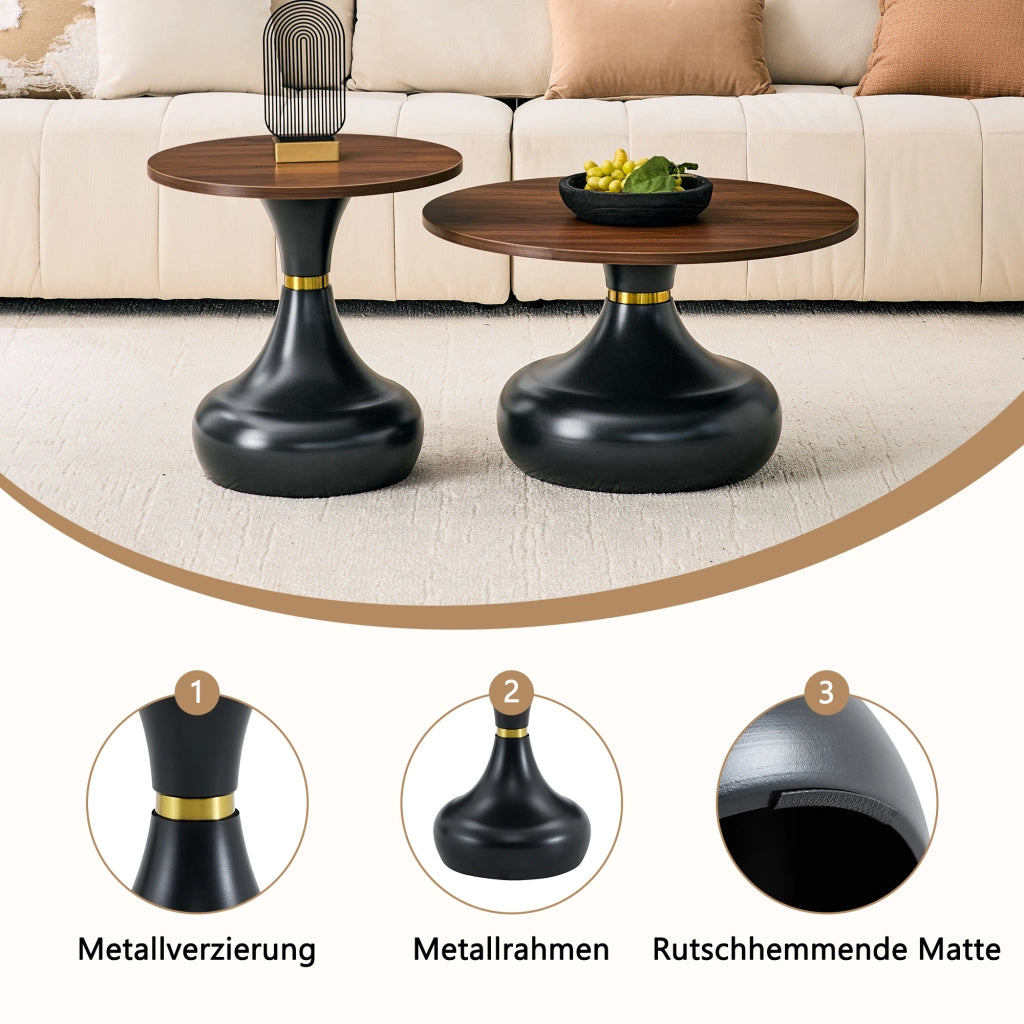 Tavolini bassi impilabili con 2 piani rotondi, base in metallo, stile moderno, per soggiorno, effetto noce nero