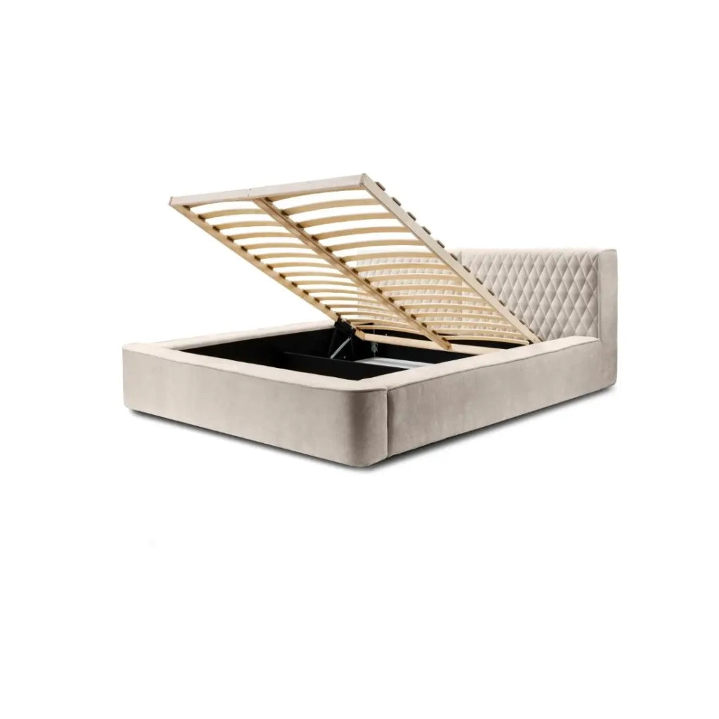 Lit coffre VERNON – Tessuto ciniglia bouclé Sabbia rosata – 140x200 cm – Rete sollevabile – Design di alta gamma