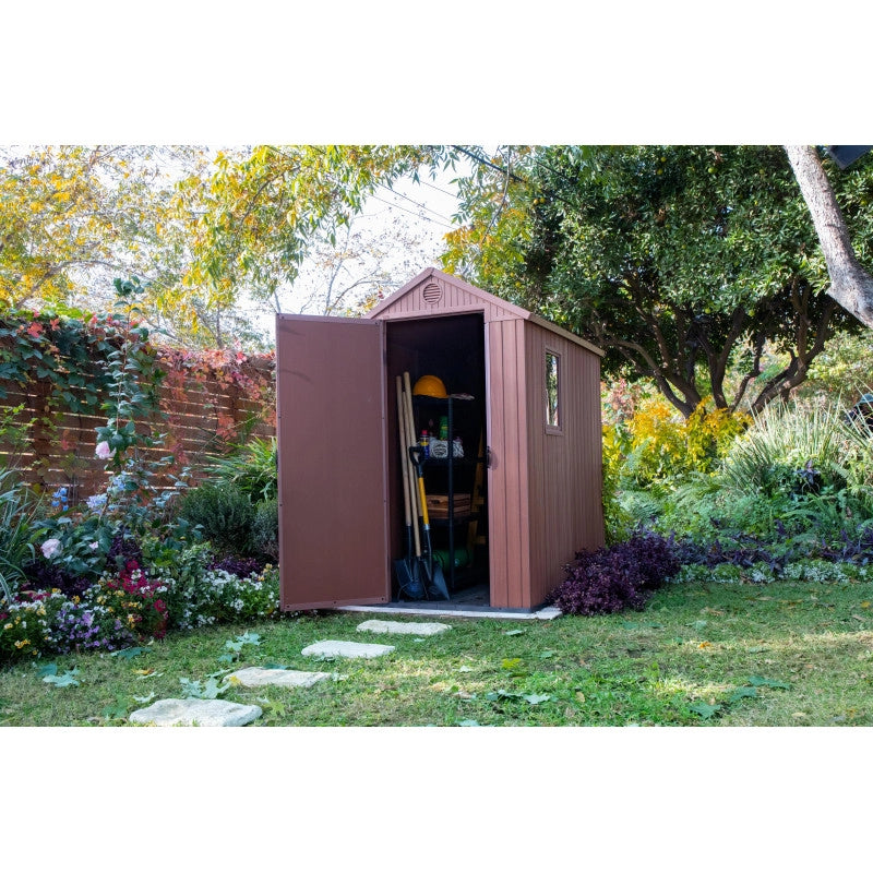 Casetta da giardino in resina EVOTECH+ effetto legno 125,8x184,5x205,1 cm - con pavimento rialzato e finestra laterale - Marrone – Keter