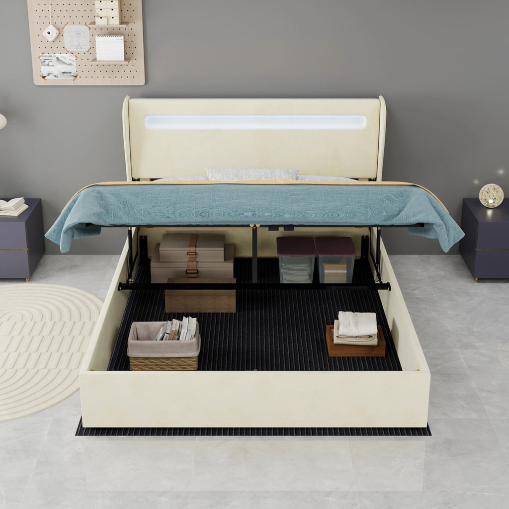 Letto imbottito con testiera regolabile e LED multicolore; 140 x 200 cm; beige