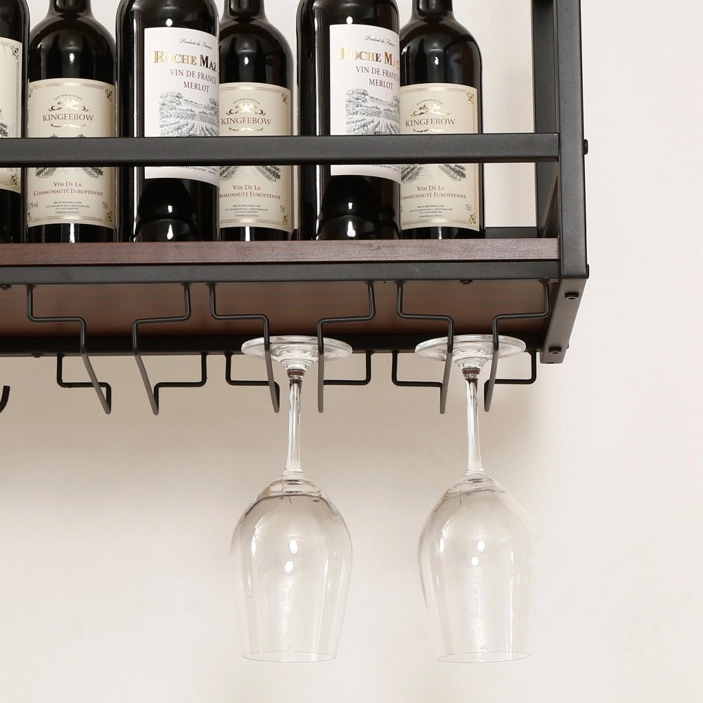 Portabottiglie Sospeso da Soffitto Borejle con Portacalici e Ganci per Tazze 120x30x65 cm Nero / Effetto Noce [en.casa]