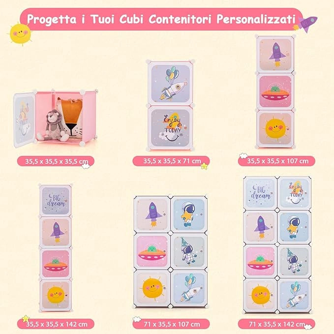 Armadio Portatile per Bambini, Organizzatore Modulari per Bambini a 8 cubi con Ante e Sezione Appendiabiti, Guardaroba Portatile per Sala Giochi Camera da Letto Asilo, 71x35,5x142 cm (Rosa)