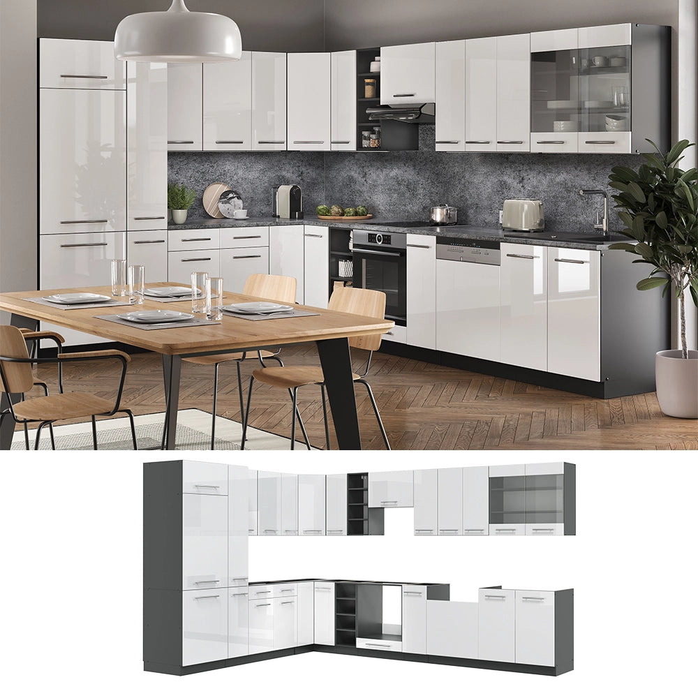Cucina angolare completa Fame-Line Bianco lucido/Antracite 347 x 60 cm, PL Rovere Vicco