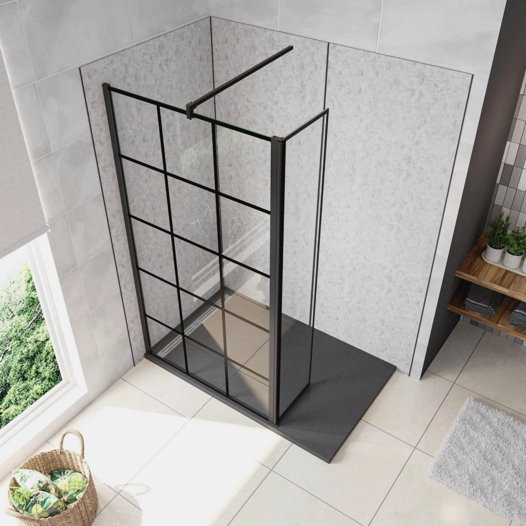 Box Doccia Parete Fissa 120x200cm con Paraspruzzo 30cm Vetro 8 mm Temperato Anticalcare Serigrafia Riquadri Neri Barra Stabilizzatrice Quadrata 140 cm