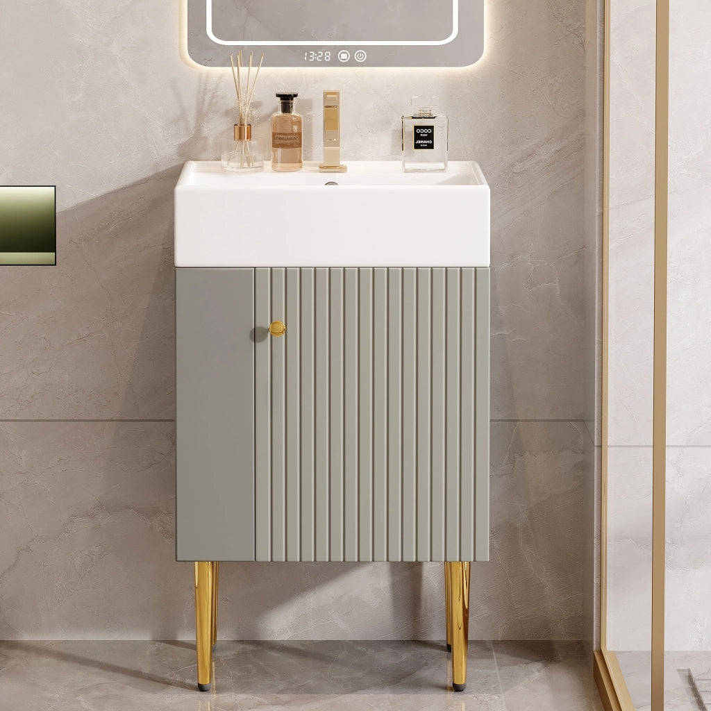 Mobile sotto lavabo da bagno con lavabo in ceramica; vani laterali; per bagno piccolo; grigio e bianco