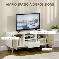 Mobile TV Moderno max 50" in Truciolato con Cassetti, Ripiani Aperti e Armadietti, 110x40x50 cm, Bianco e Colore Legno