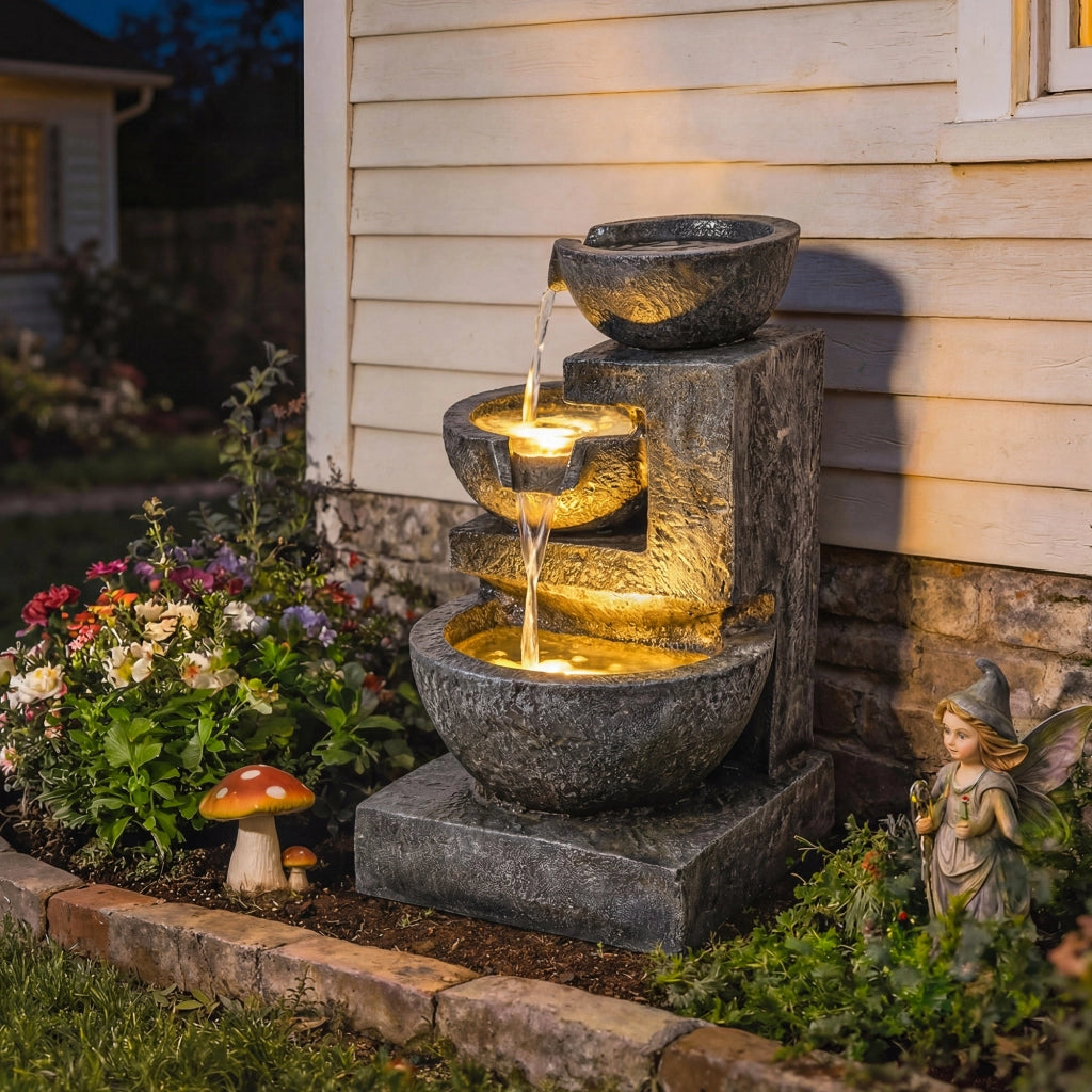 Fontana da Giardino a 3 Livelli con Luce LED ¨C zephmum ¨C 40x37x61 cm Multicolore