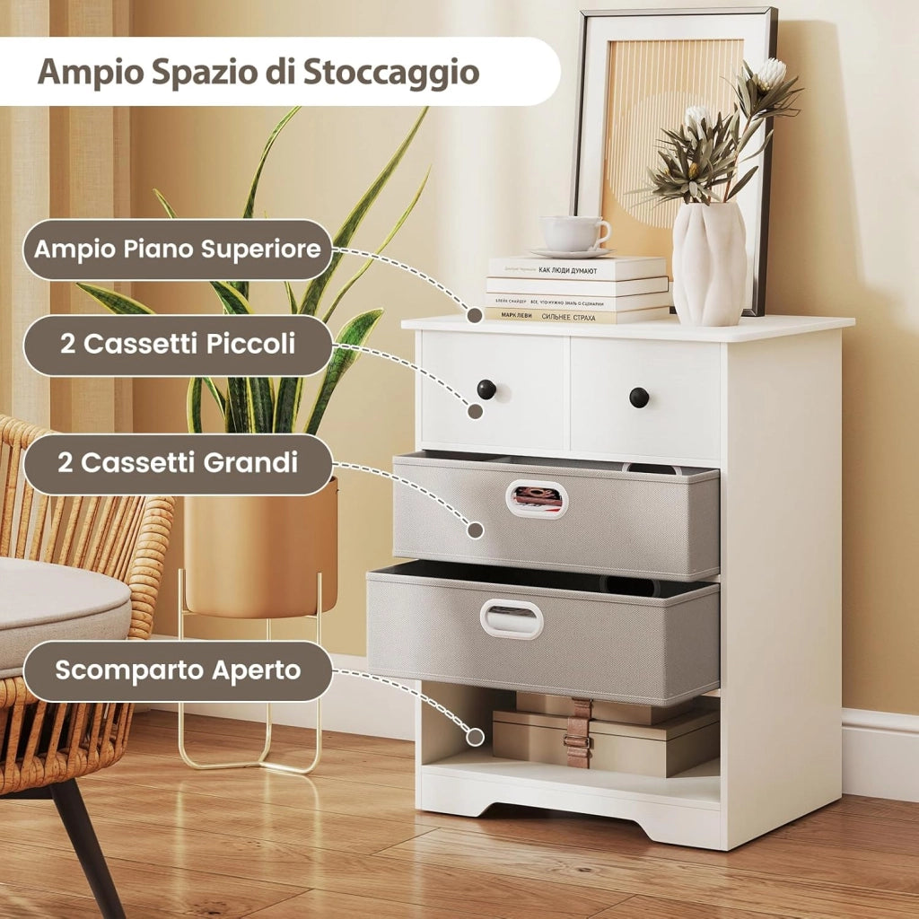 Comodino Camera da Letto 58 x 42 x 75 cm, Cassettiera Salvaspazio con 4 Cassetti e Ripiano Aperto, Tavolino Moderno da Letto per Soggiorno e Ingresso