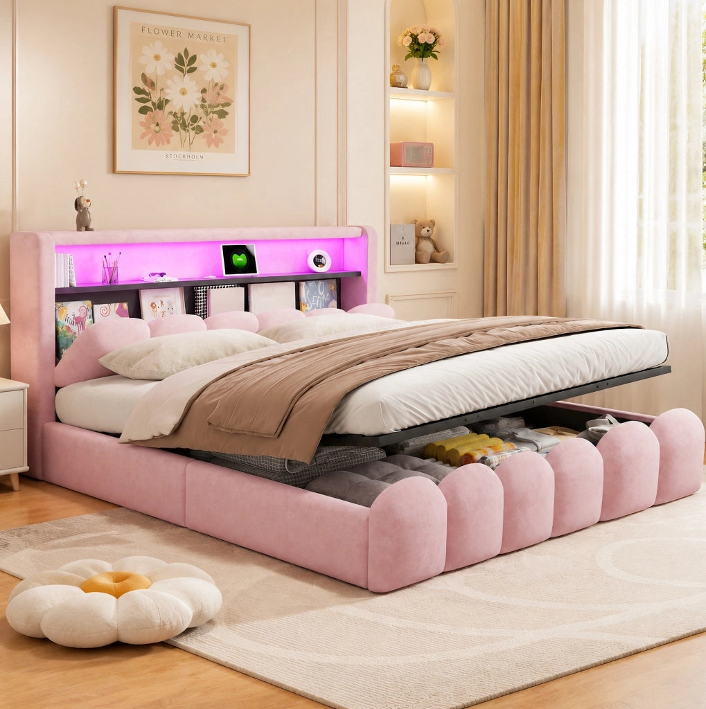 Letto matrimoniale imbottito con contenitore 180x200 cm; USB e Type-C; LED; velluto rosa