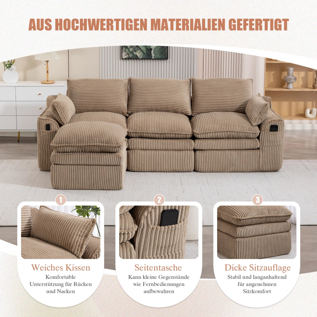 DIVANO modulare 3 posti 263x167x85 cm in corduroy khaki con pouf