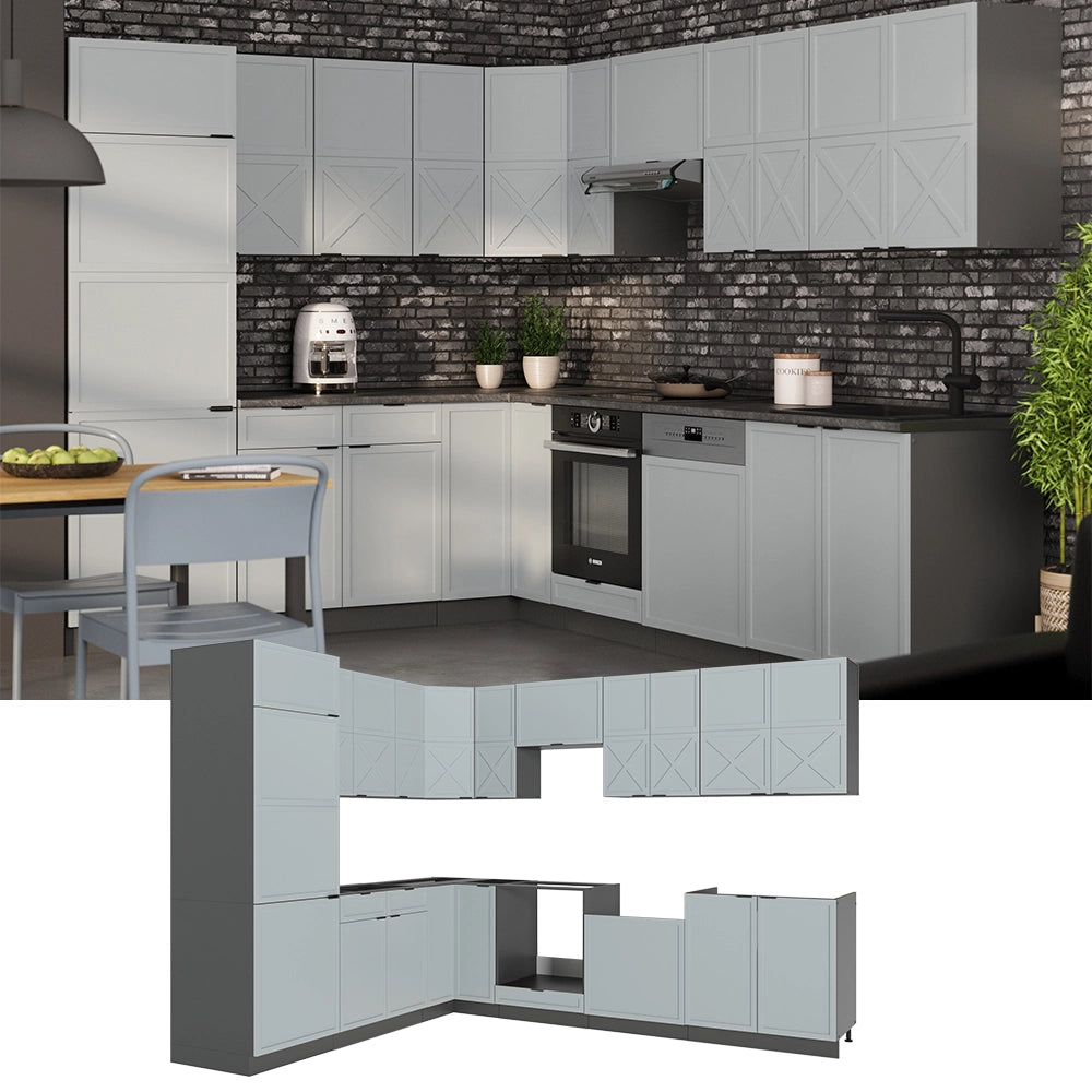 Cucina angolare completa Fame-Line Blu-grigio chiaro/Antracite 287 x 60 cm, PL Marmo Vicco