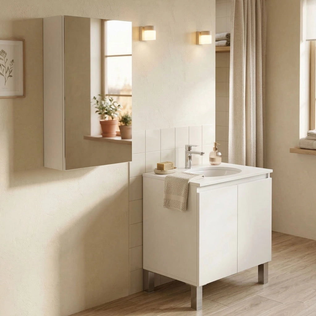 Gaiola, set Mobili Bagno Specchio Incluso, Bianco Lucido