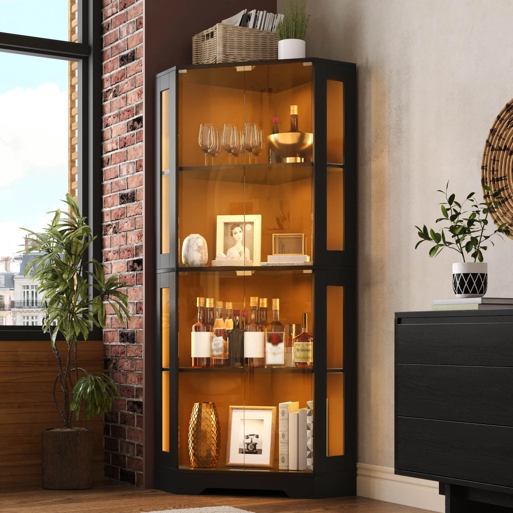Vetrina angolare in vetro con LED RGB 40x40x165 cm nera, mobile cucina con 4 ante e ripiani regolabili