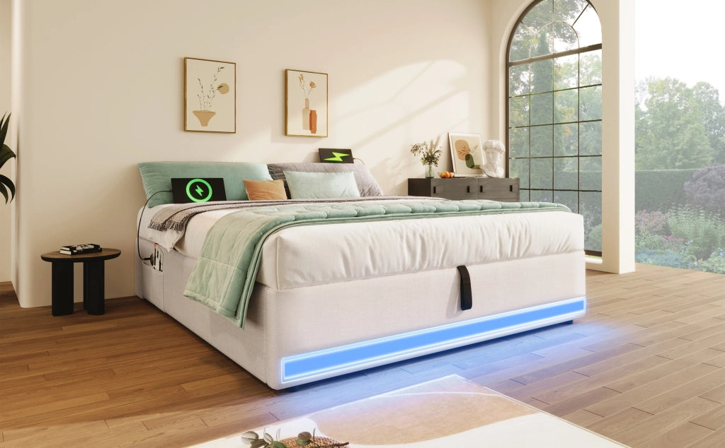 DESMIU Letto contenitore 140 × 200 cm 2 posti con USB, Type-C, LED e tasche, senza materasso, in lino beige