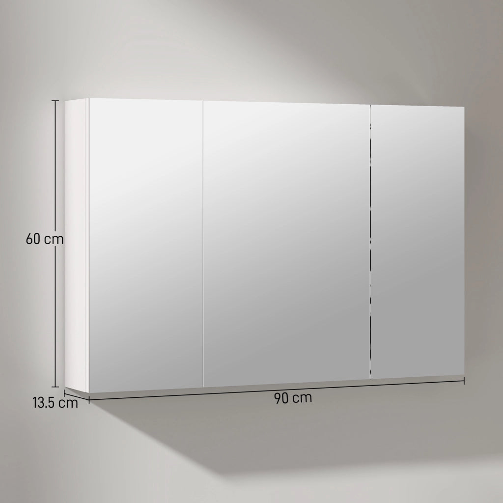 Armadietto Pensile Bagno con 3 Ante a Specchio e Ripiani Regolabili in Legno 90x13.5x60 cm, Bianco