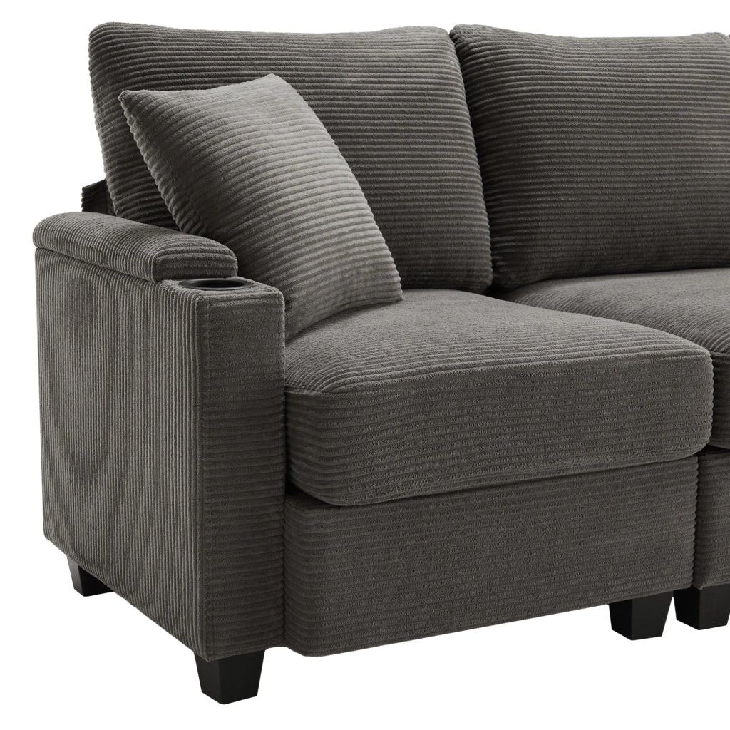 Divano angolare L 213.5x139x87 cm con USB; portaoggetti in corduroy dark gray