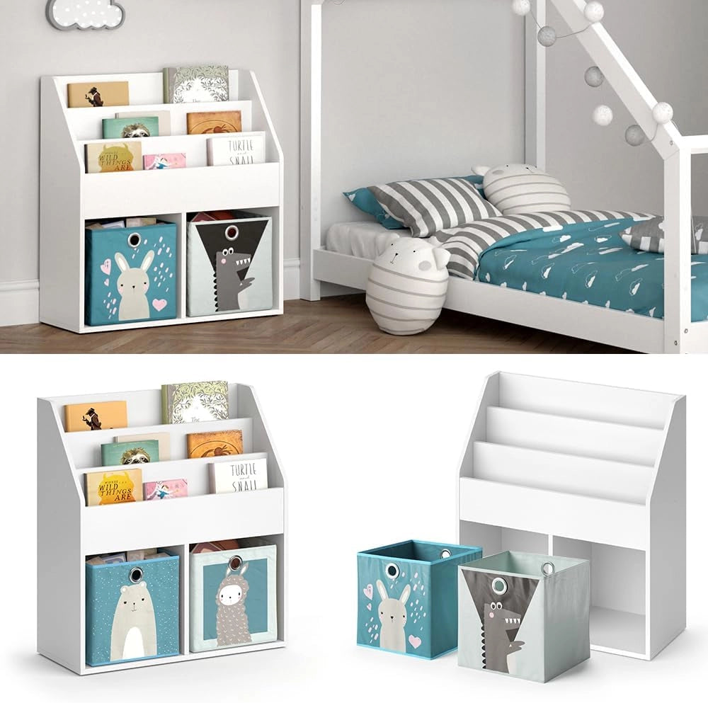 Libreria bambini Luigi, Bianco, 72 x 79 cm con 2 scatole pieghevoli opt.6, combinabile per riporre libri e giocattoli
