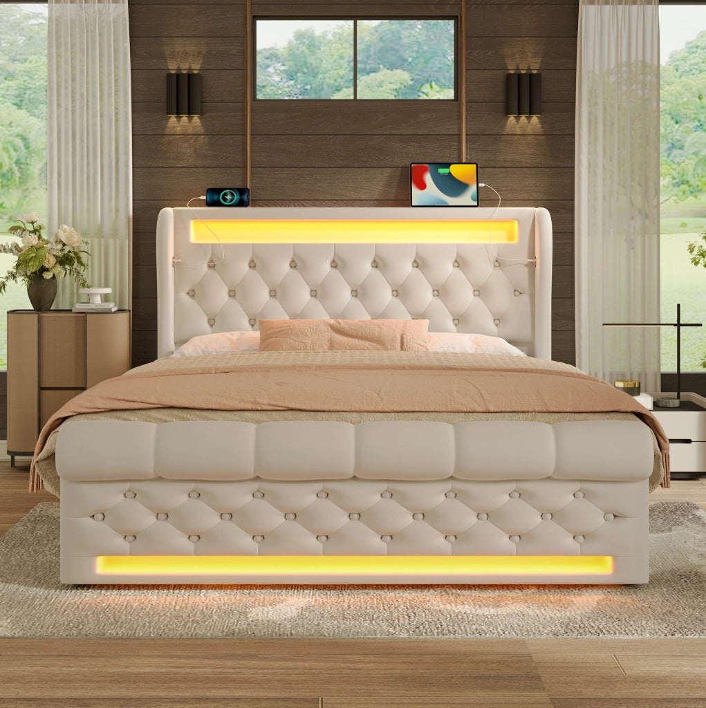 Letto imbottito 140x200 cm in velluto con LED; USB Type-C e materasso incluso; beige