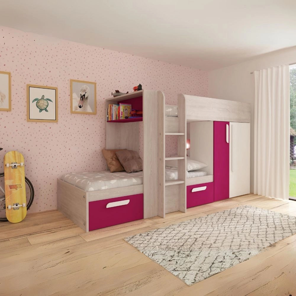 Letto a castello bianco consumato fucsia con armadio e cassetti 1298