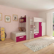 Letto a castello bianco consumato fucsia con armadio e cassetti 1298