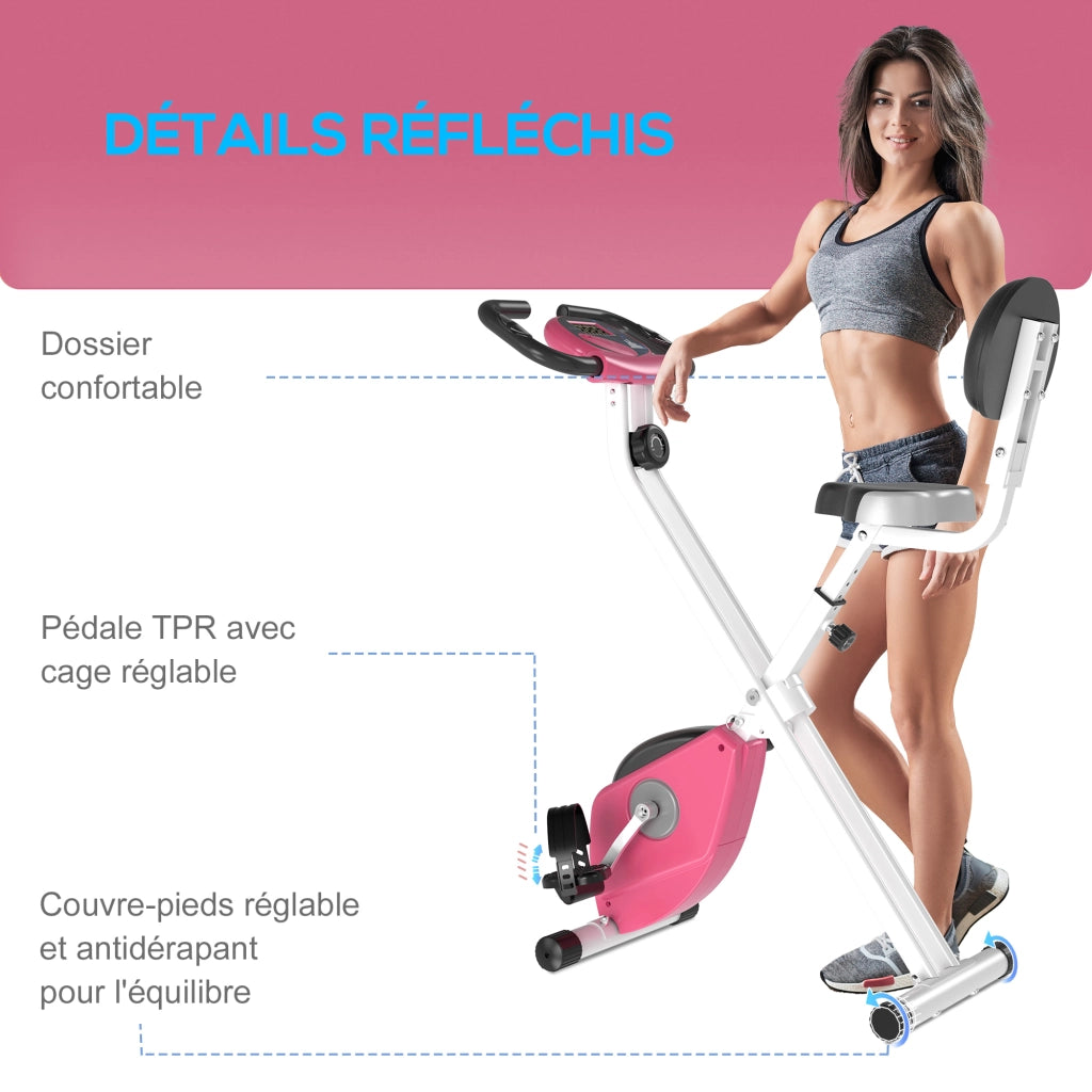 Cyclette pieghevole ¨C Minimal ¨C rosa, 8 livelli di resistenza magnetica, schienale regolabile, schermo LCD