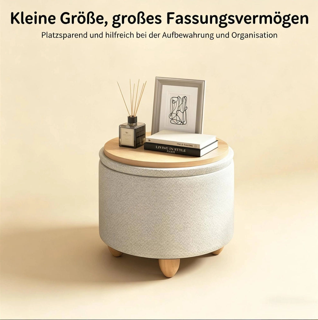 Pouf contenitore rotondo in lino color crema con vassoio