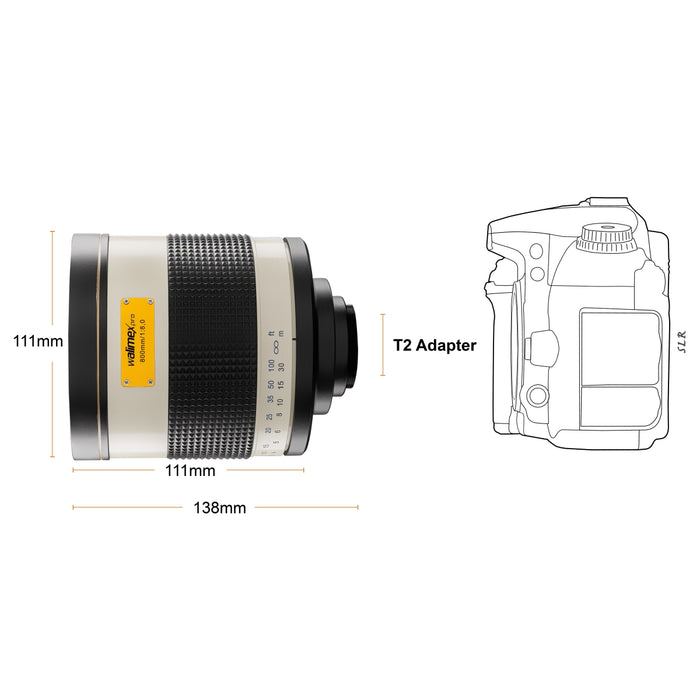 Obiettivo fotografico catadiottrico 800/8,0 DSLR per attacco MFT - lunghezza 131mm - per lunghezza focale 800mm - sensore full-frame/APS-C - adattatore T2 - messa a fuoco ravvicinata 3,5m