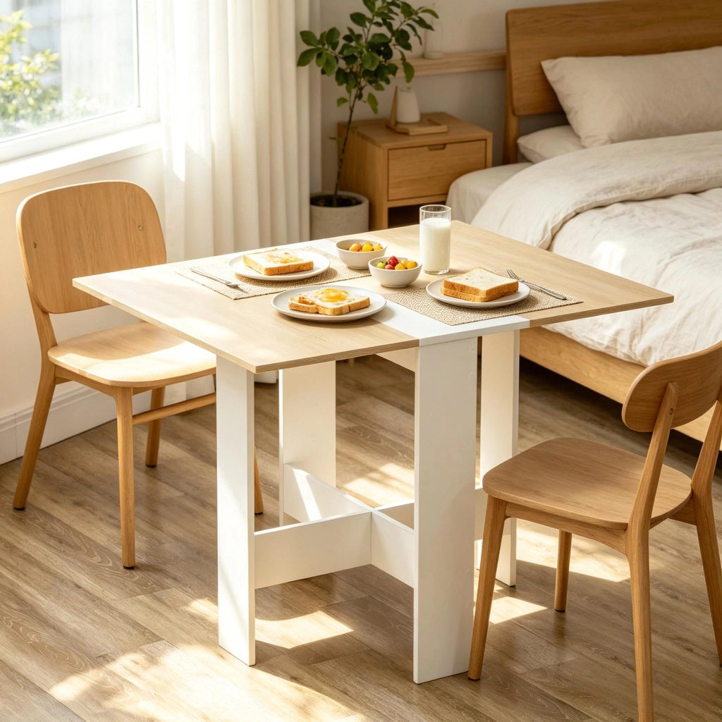 Tavolo allungabile con piano pieghevole, struttura in MDF, design bicolore rovere bianco, per cucina e soggiorno