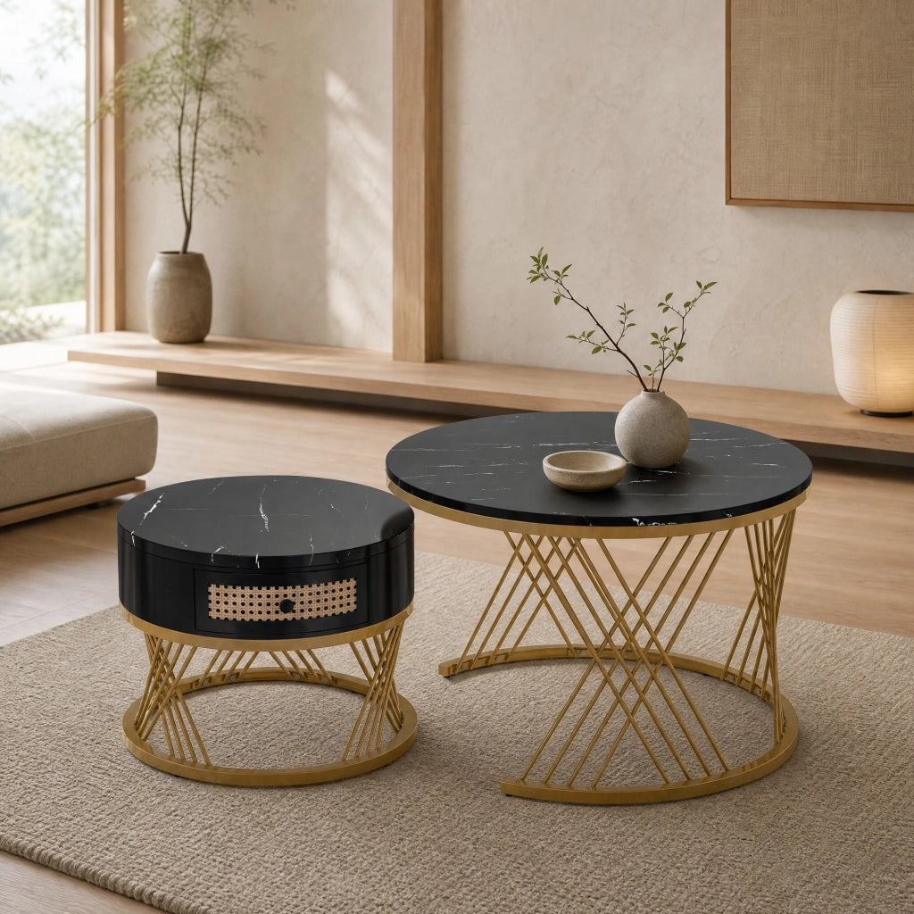 TAVOLINO DA SALOTTO Set da 2 pezzi rotondo 70/50 cm MDF nero con base oro