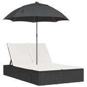 Lettino Prendisole | Sdraio da giardino | Lettino da sole Doppio Cuscini e Parasole Nero in Polyrattan