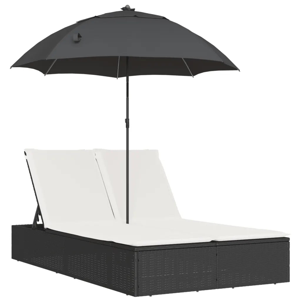 Lettino Prendisole | Sdraio da giardino | Lettino da sole Doppio Cuscini e Parasole Nero in Polyrattan