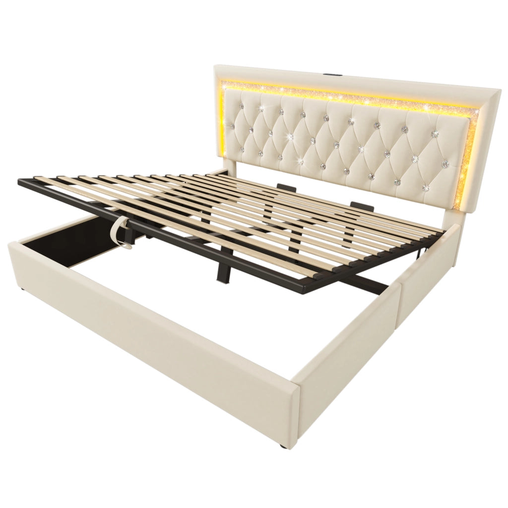 Letto Matrimoniale 180x200 cm; USB e Type-C; LED Regolabile; Contenitore Idraulico; in Velluto Beige
