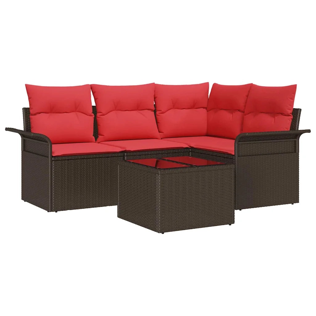 Set Divano da Giardino con cuscino 5 pz | Set Salotto da Giardino Marrone polyrattan