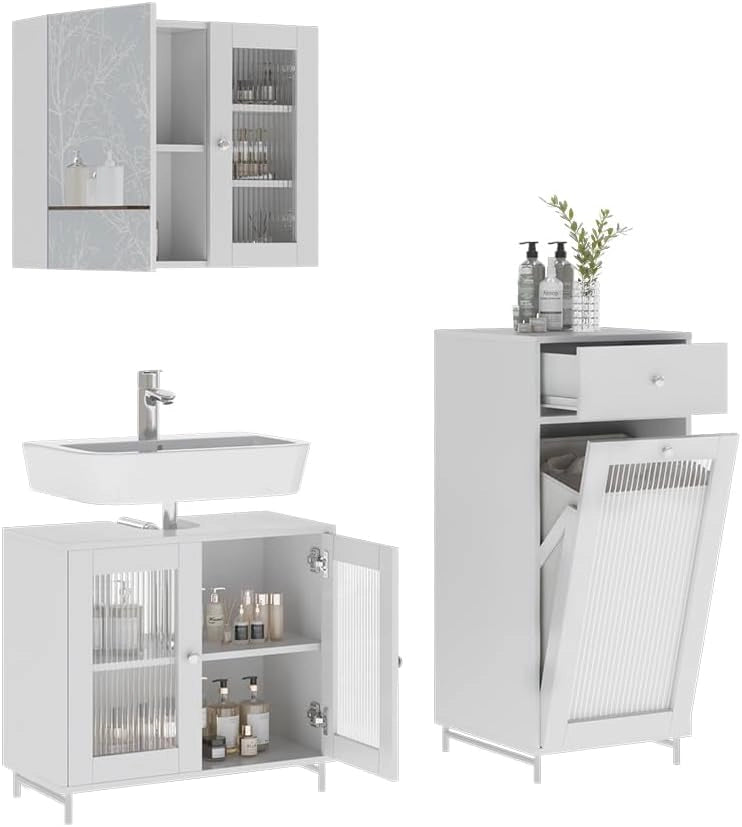 Set di mobili da bagno Malte, Bianco, 60 cm, composto da mobile sottolavabo, specchiera e mobile medio