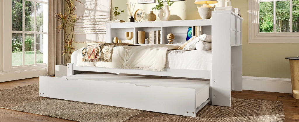 DESMIU Divano letto 90 × 200 cm 1 posto con presa, 2 porte USB e letto estraibile, senza materasso, bianco