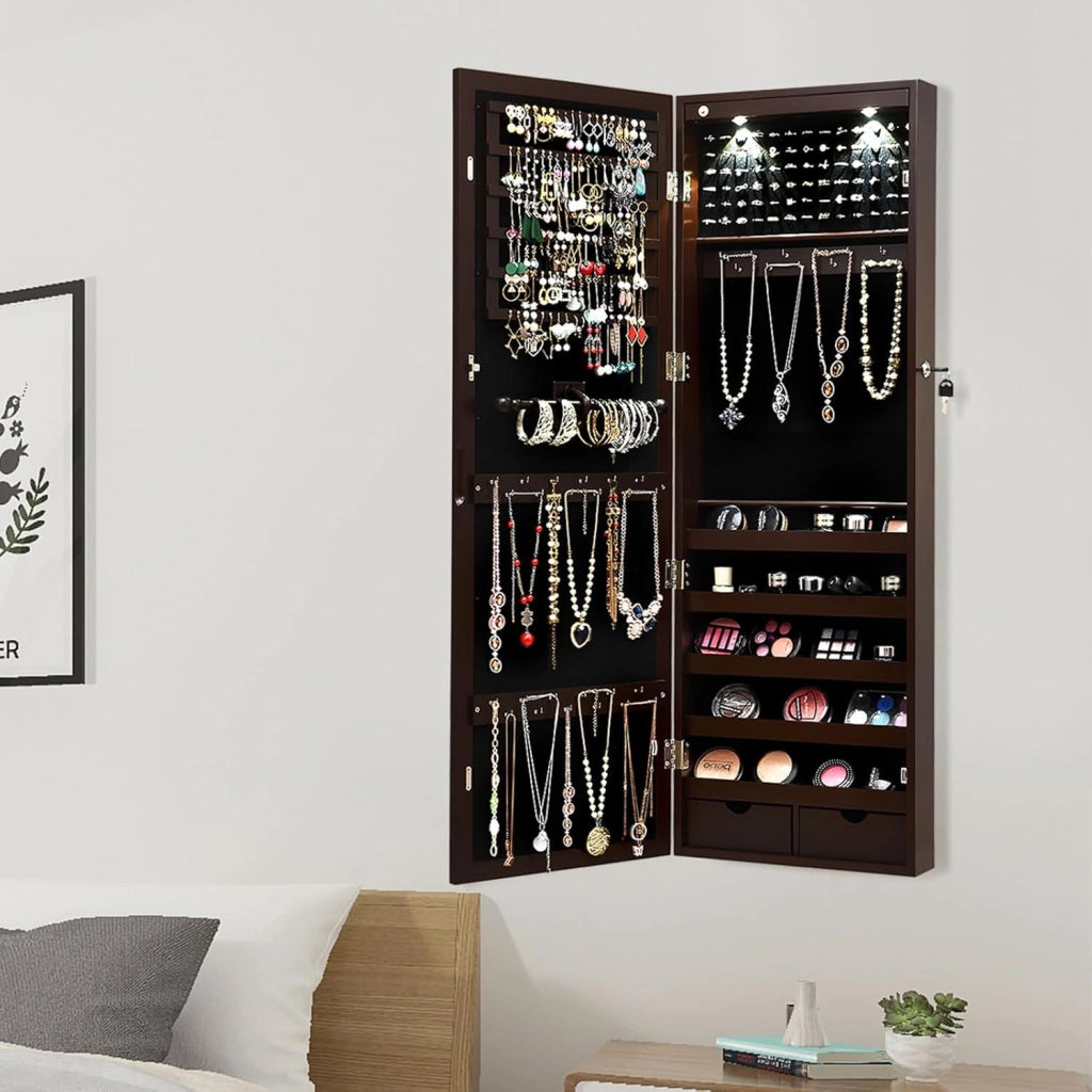 Armadio per Gioielli con 2 luci LED, con Specchio a Figura, Organizer Montato al Muro con Ganci Regolabili per Appendere, Armadio Portagioie per Truccarsi (Marrone)