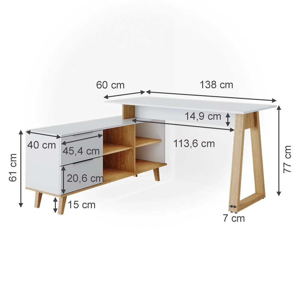 Vicco Scrivania Bianco 138 x 60 cm con cassetti XXL