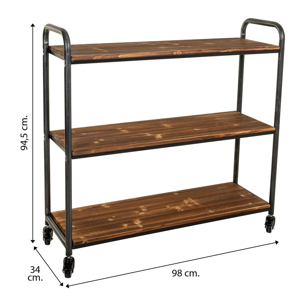 Scaffale in legno marrone e metallo con ruote 98x34x94,5h