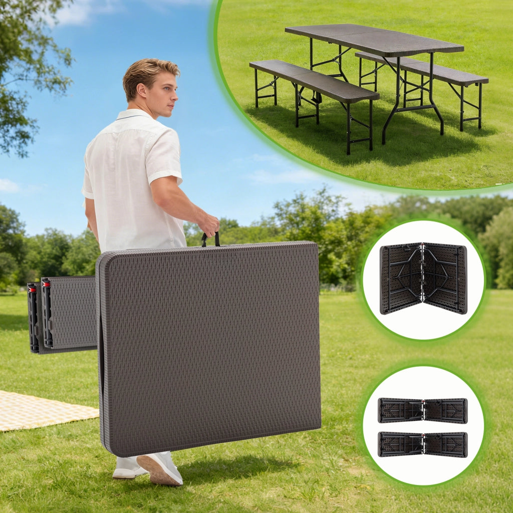 TAVOLO PICNIC PIEGHEVOLE 3 PEZZI, con 2 panche, marrone, HDPE