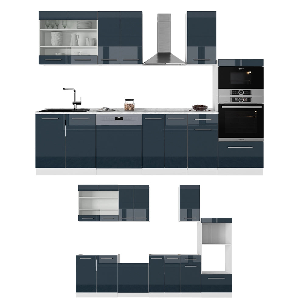 Cucina componibile Fame-Line Blu scuro lucido/Bianco 300 cm con armadio alto, PL Marmo Vicco