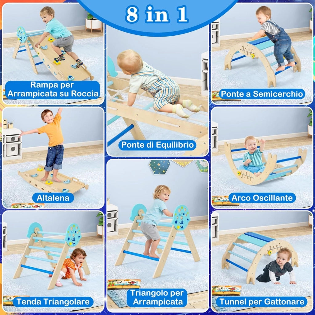 8 in 1 Set da Arrampicata per Bambini, Giocattoli da Arrampicata in Legno con Triangolo Arco Rampa e Corda, Giochi Montessori per Bambini 1 Anni + (Astronauta 4 pezzi, Blu)