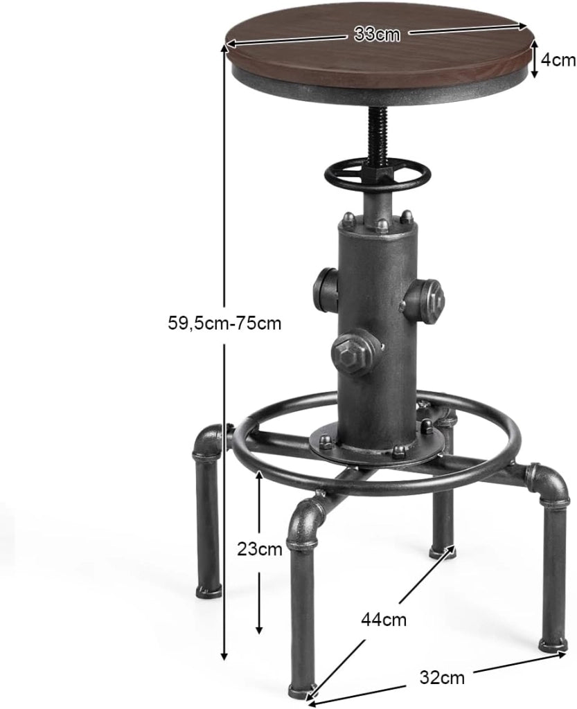 Sgabelli da Bar Industriale Girevole 360°, con Poggiapiedi, Sgabello Cucina Seduta Tonda Altezza Regolabile 60-75 cm, in Ferro e Pino (Grigio, 1)