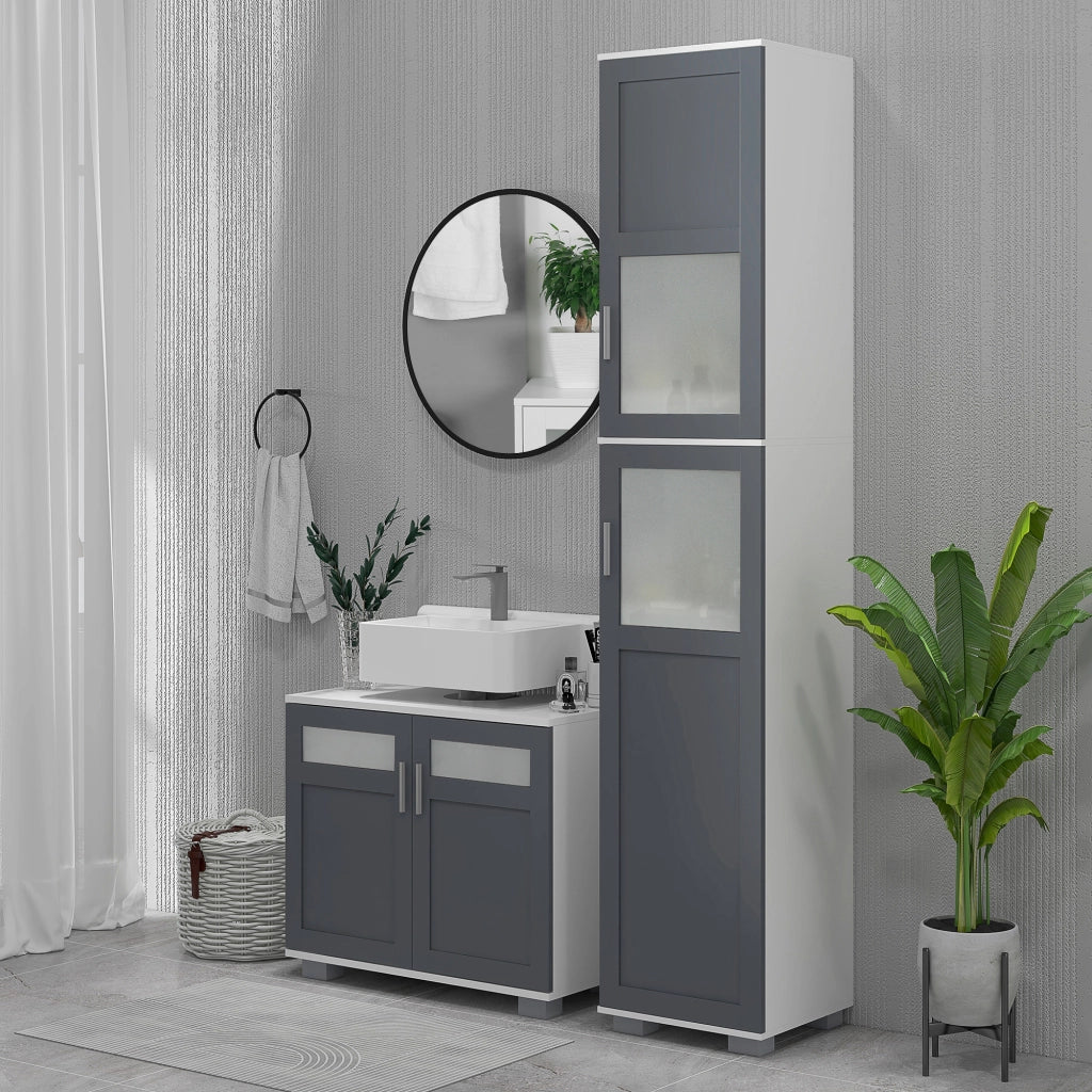 Colonna bagno con 2 ante vetro temperato e ripiani regolabili ¨C Xylo ¨C Bianco e grigio 37x35x190 cm
