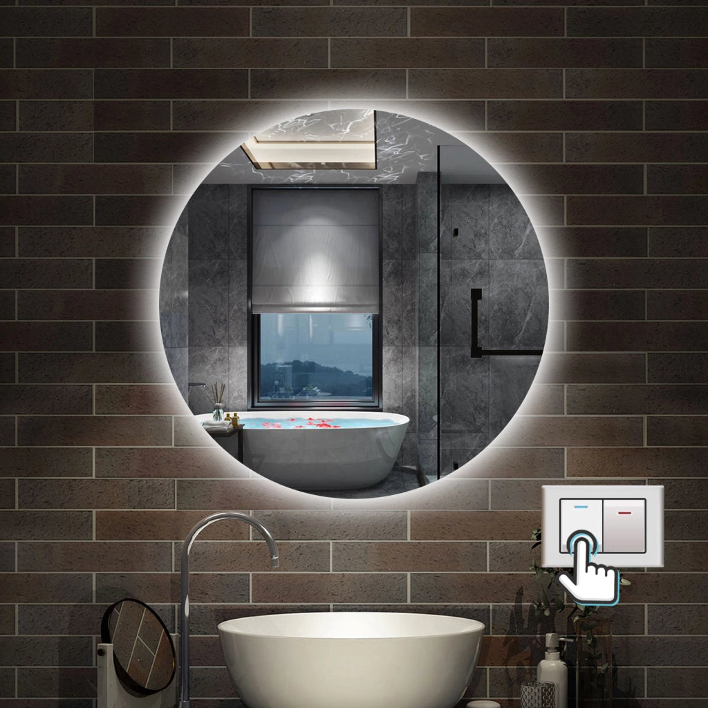 Specchio bagno tondo 90 cm con led. Dimmerabile + Touch Control + Bordo non sabbiato + IP44