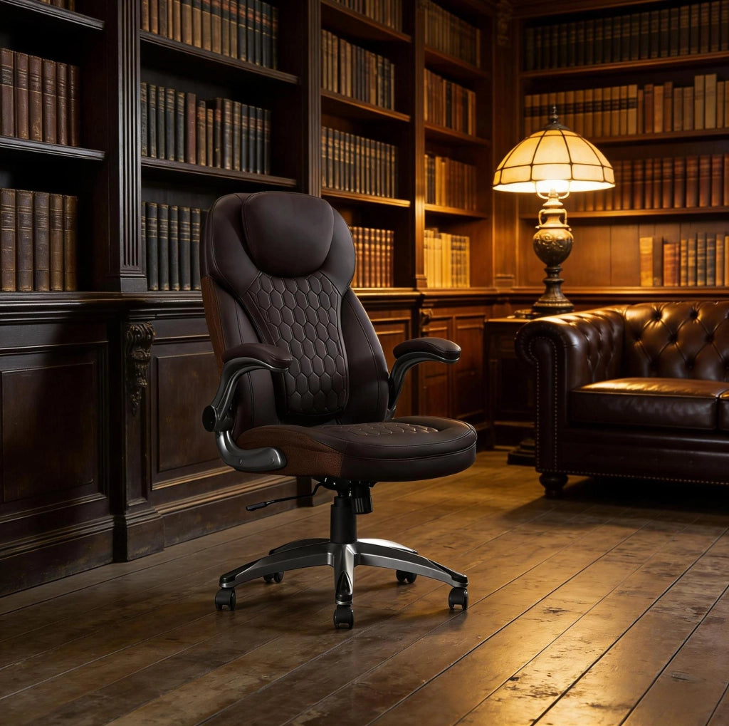 Sedia da ufficio ergonomica marrone in PU e rete, 150 kg